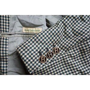 Kiton 100% Cashmere Beige Black Gingham Plaid Metal Button Sport Coat Jacket 44R